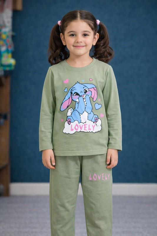 Lovely Bunny Print Girls T-Shirt & Trouser Set – Green