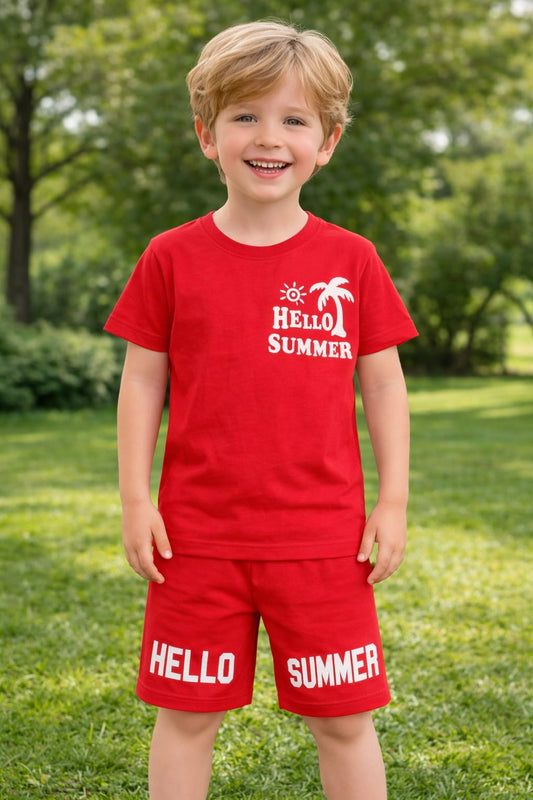Hello Summer Printed Kids T-Shirt & Shorts Co-Ord Set | Red
