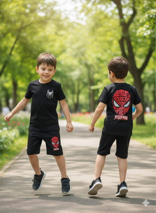 Boys Spider Print Cotton T-Shirt & Shorts Set – Black