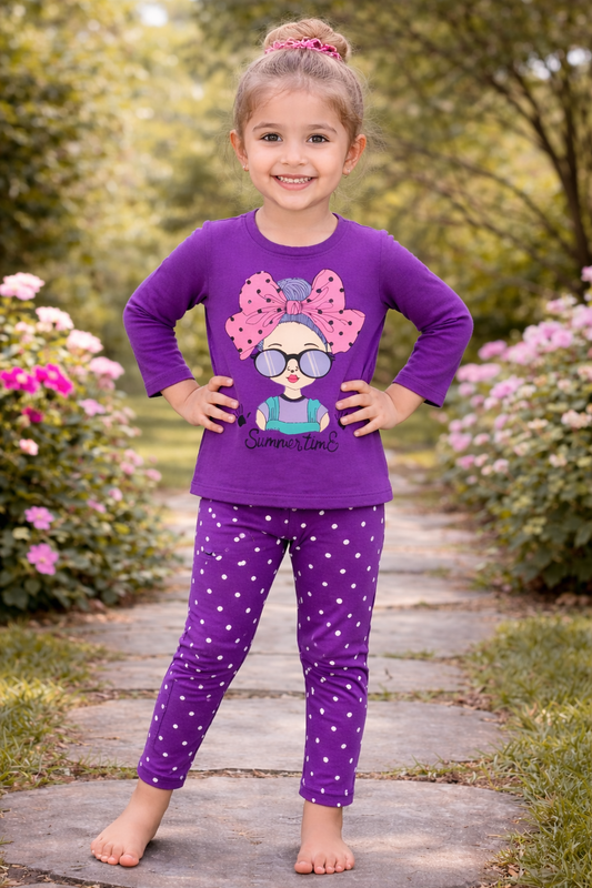 Girls Purple Graphic T-Shirt & Polka Dot Leggings Matching Set