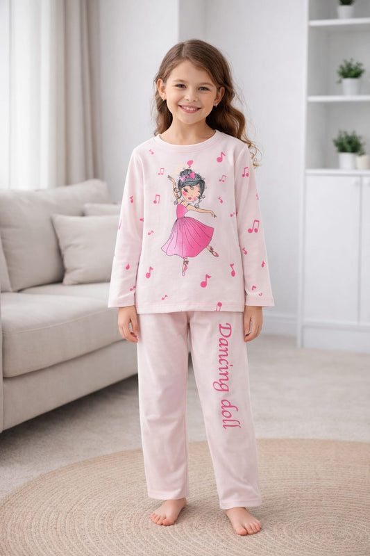 Dancing Doll Print Girls T-Shirt & Trouser Set – Pink