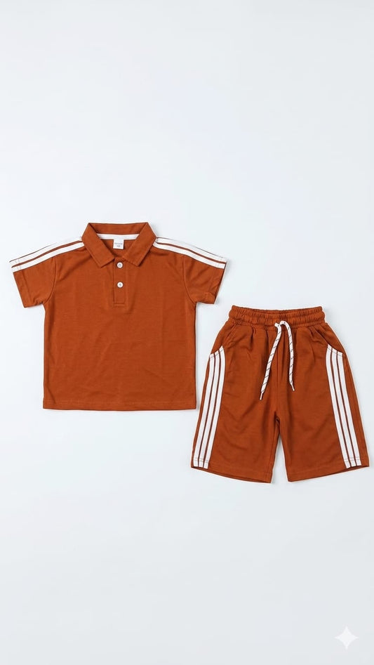 1. Boys Rust Brown Polo T-Shirt & Shorts Set – Summer Casual Outfit (1-8 Years)