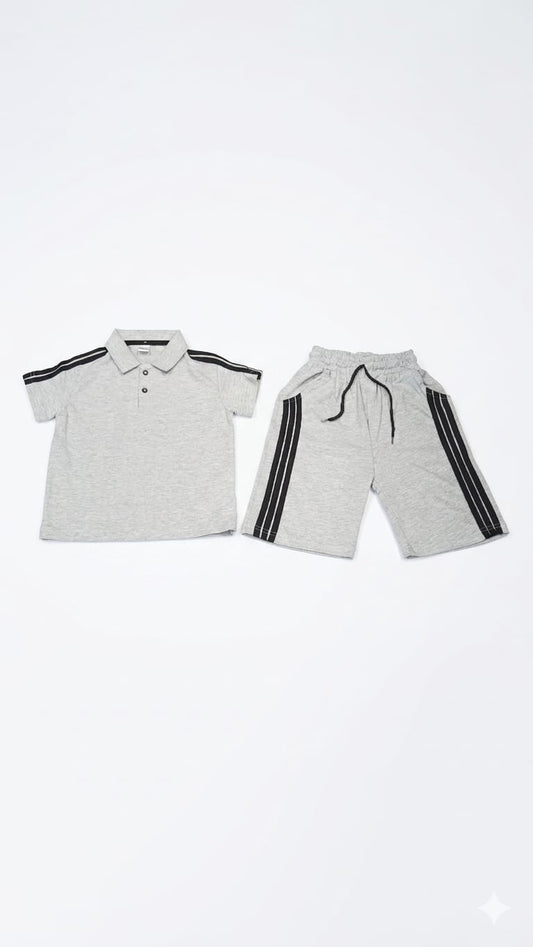 1. Boys' Grey Cotton Polo Suit with Contrast Racing Stripes 1 to 8 years