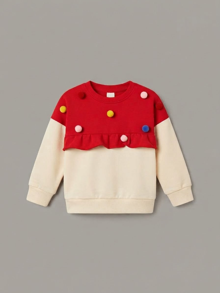 1.Girls Red & Off-White Pom-Pom Ruffle Sweatshirt (Ages 1–10 Years)