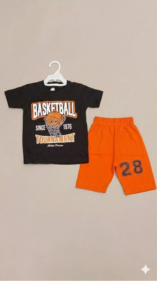 24. Kids Basketball Tournament T-Shirt & Shorts Set | Black & Orange | Ages 1–10 Years