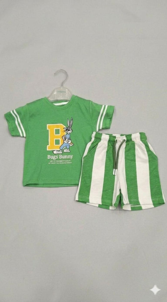 28. The Sporty Favorite: Kids' Bugs Bunny Green Varsity T-Shirt & Striped Shorts Set. Age 1-10 years.