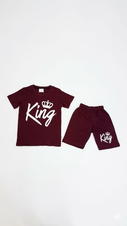 1. Boys "King" Summer T-Shirt & Shorts Set – Maroon (Age 1-10 Years)
