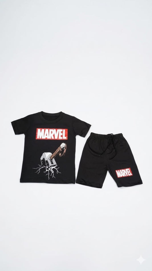1. Boys Marvel Superhero Summer Outfit – Black T-Shirt & Shorts Set (Age 1-12 Years)