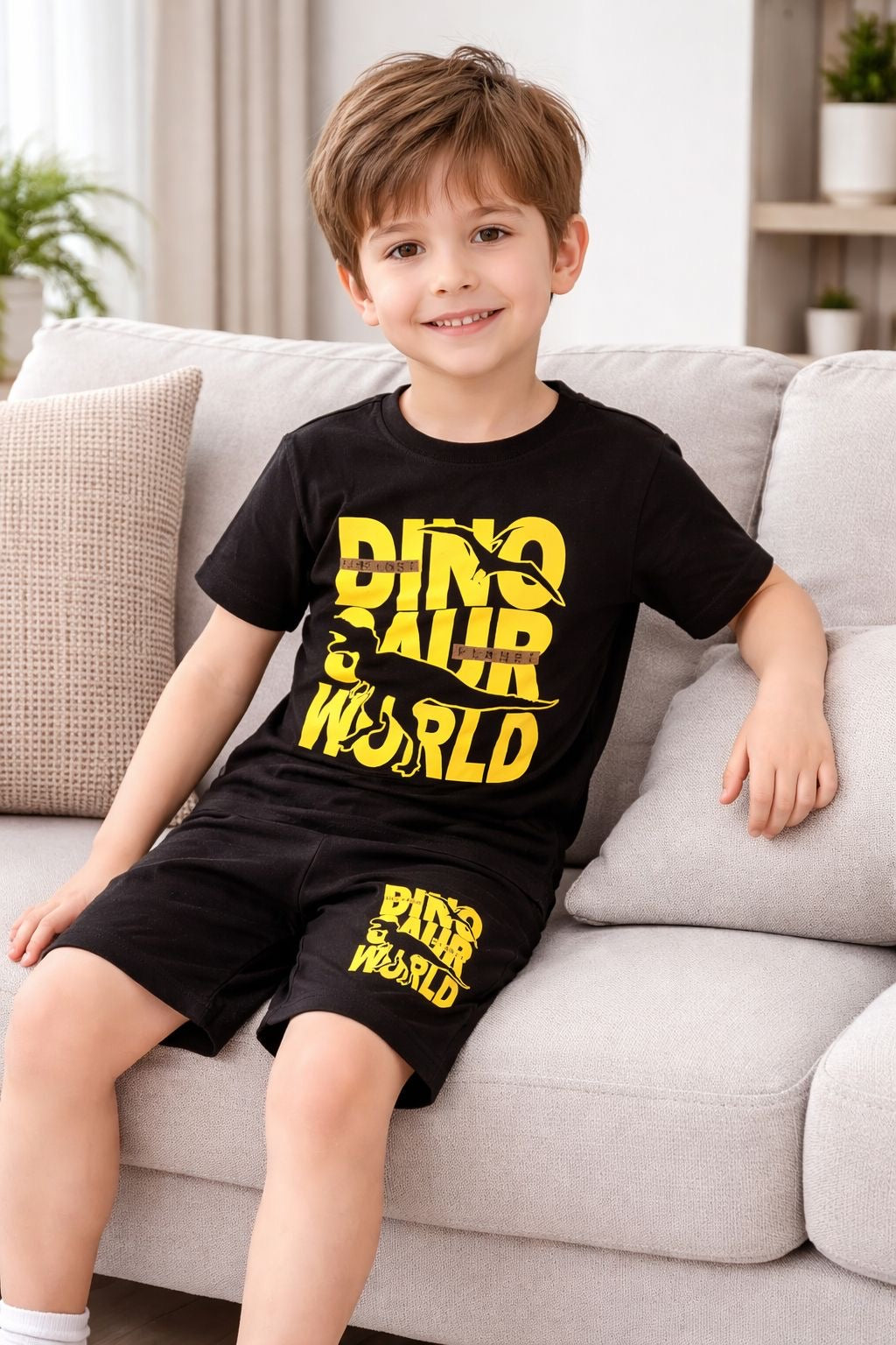Kids Dino World Printed T-Shirt & Shorts Set – Black (1–10 Years)