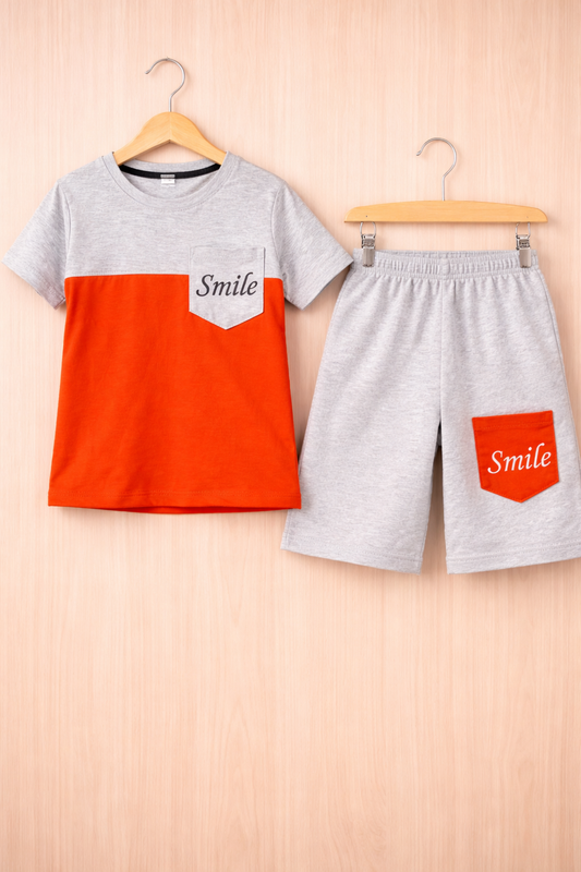 Smile Orange & Grey Co-Ord Set for Kids | Unisex T-Shirt & Shorts