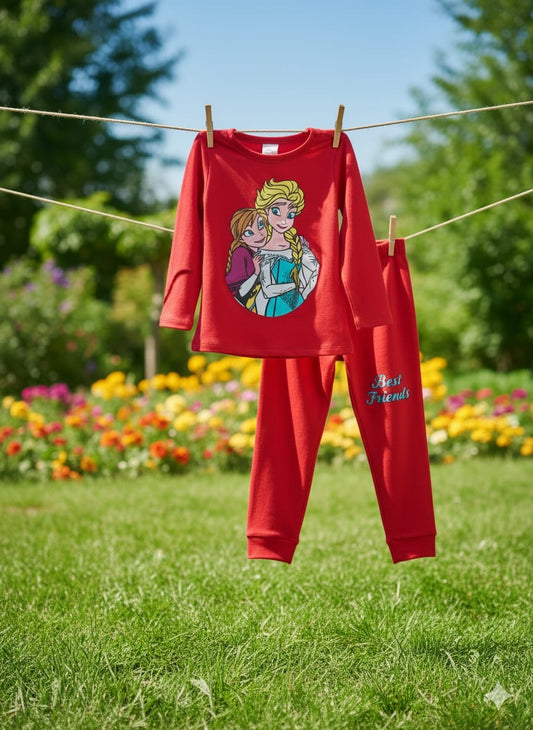 Girls Red Cartoon Print All-Season Casual Wear | 2-Piece Cotton Set