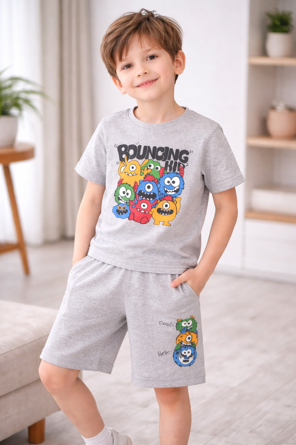 Bouncing Kid Grey Co-Ord Set for Baby Boys (T-Shirt & Shorts)