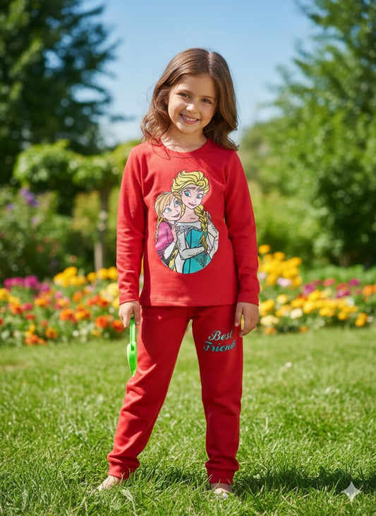 Girls Red Cartoon Print All-Season Casual Wear | 2-Piece Cotton Set