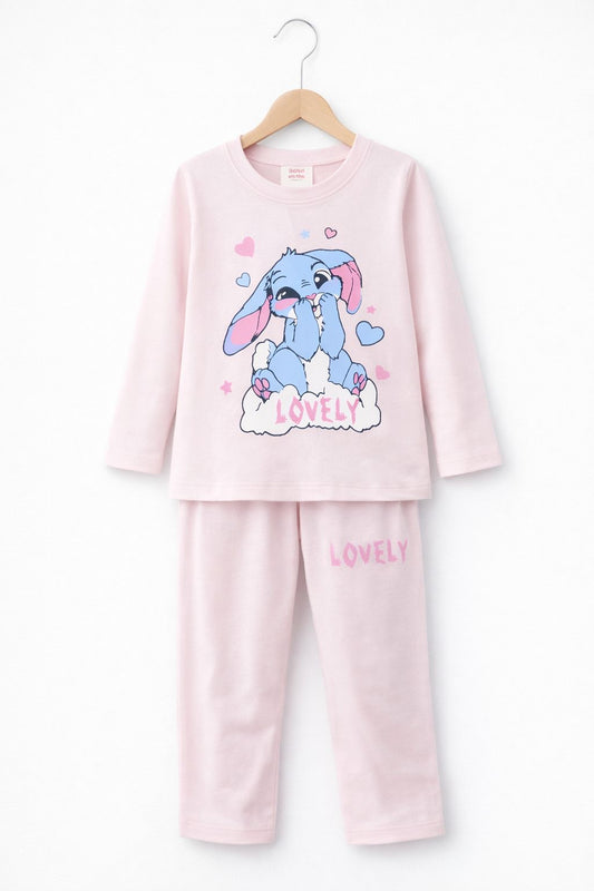 1 Cute Bunny Cartoon Girls Full-Sleeve T-Shirt with Pants Set