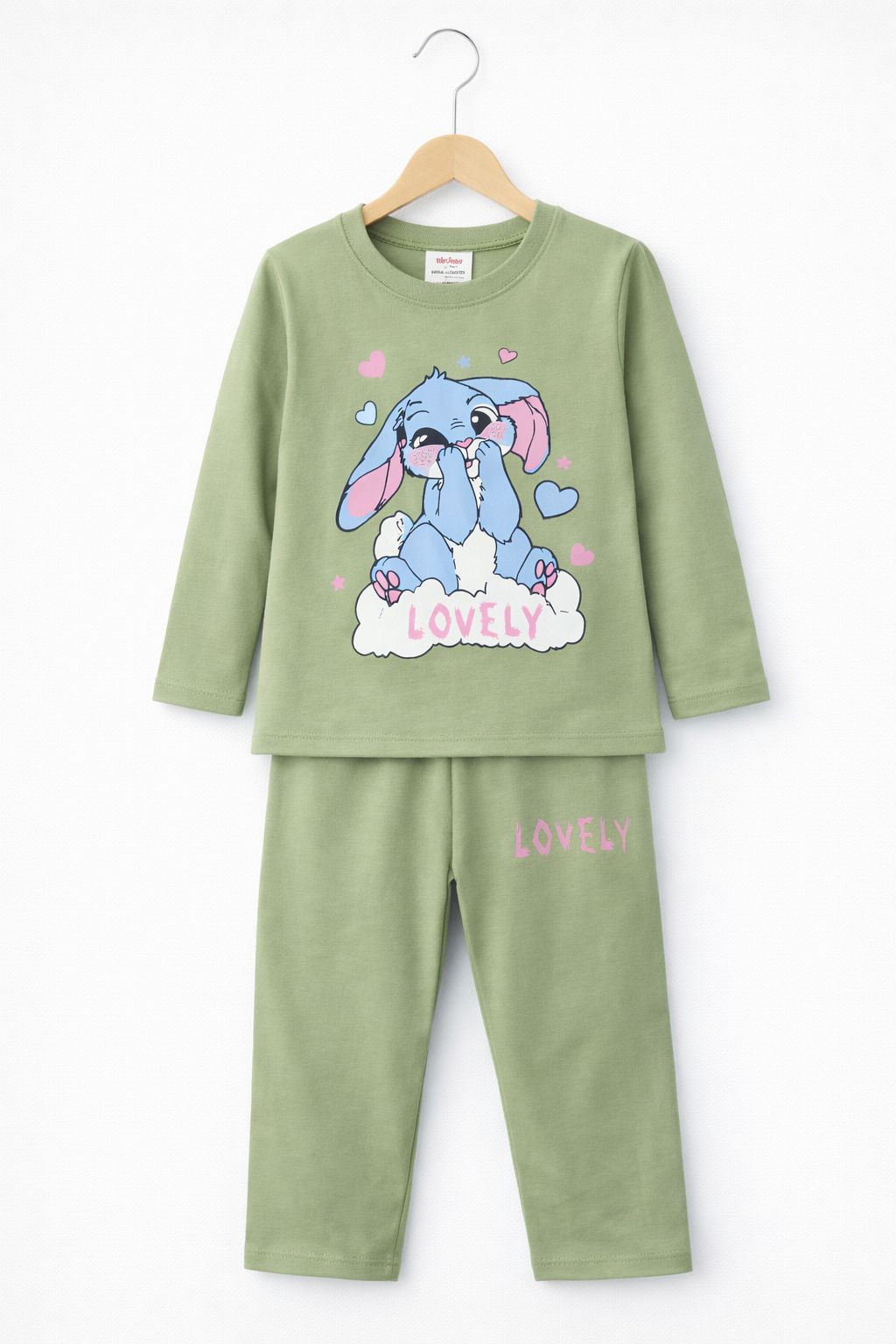 Lovely Bunny Print Girls T-Shirt & Trouser Set – Green