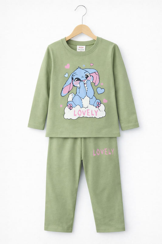Lovely Bunny Print Girls T-Shirt & Trouser Set – Green
