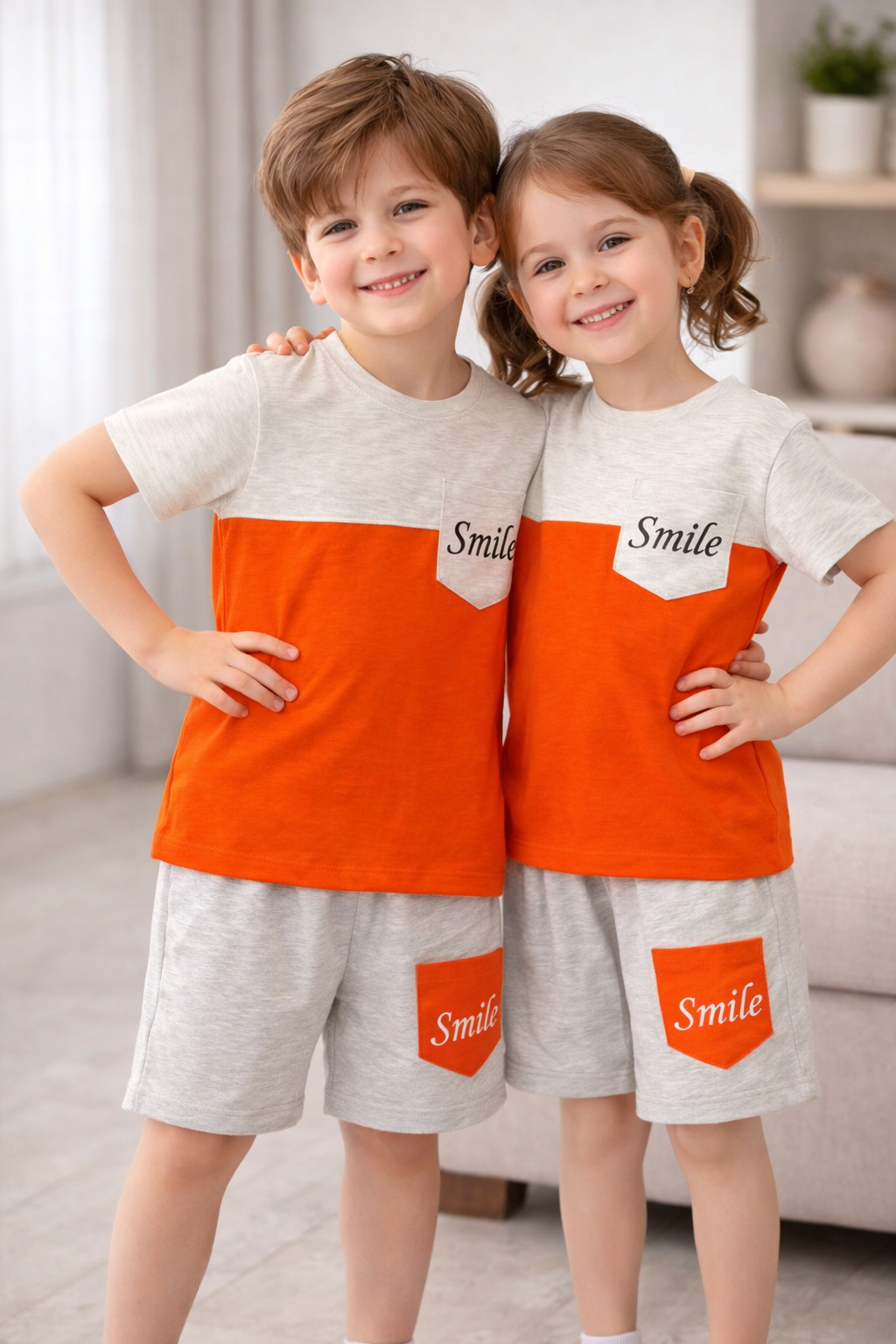 Smile Orange & Grey Co-Ord Set for Kids | Unisex T-Shirt & Shorts