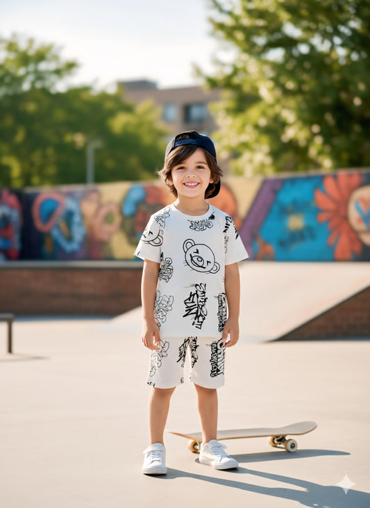 Kids Graffiti Print T-Shirt & Shorts Set | Summer Cotton Outfit