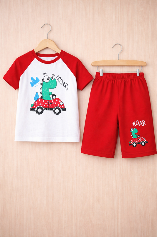 Roar Dino Red Co-Ord Set for Baby Boys | T-Shirt & Shorts
