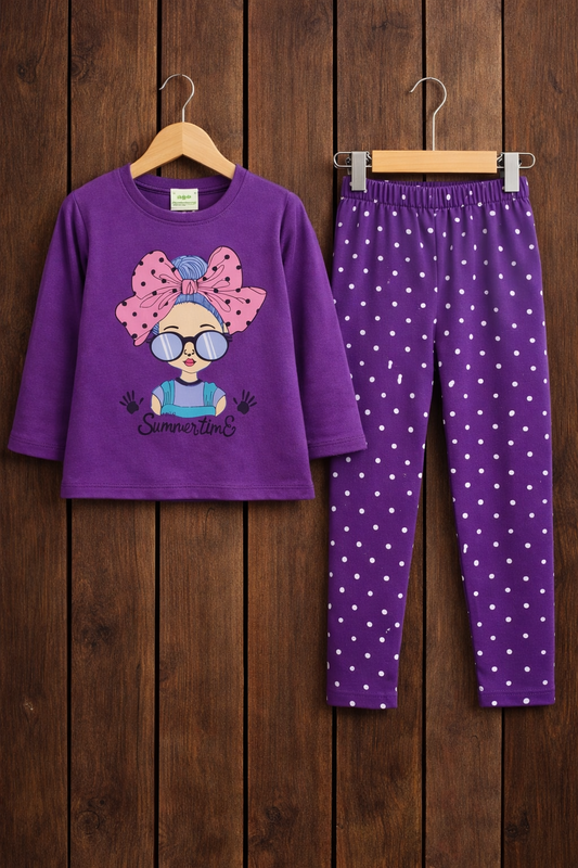Girls Purple Graphic T-Shirt & Polka Dot Leggings Matching Set