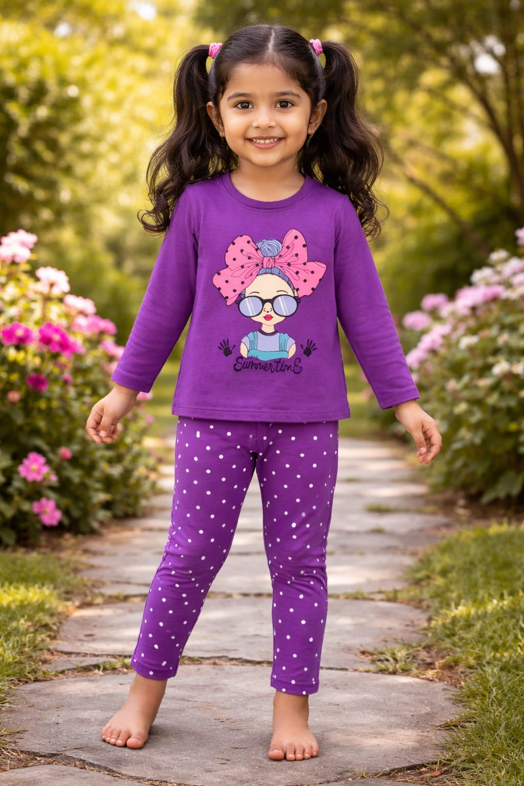 Girls Purple Graphic T-Shirt & Polka Dot Leggings Matching Set
