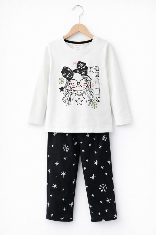 Cute Girl Print Kids Full-Sleeve T-Shirt with Pants Set