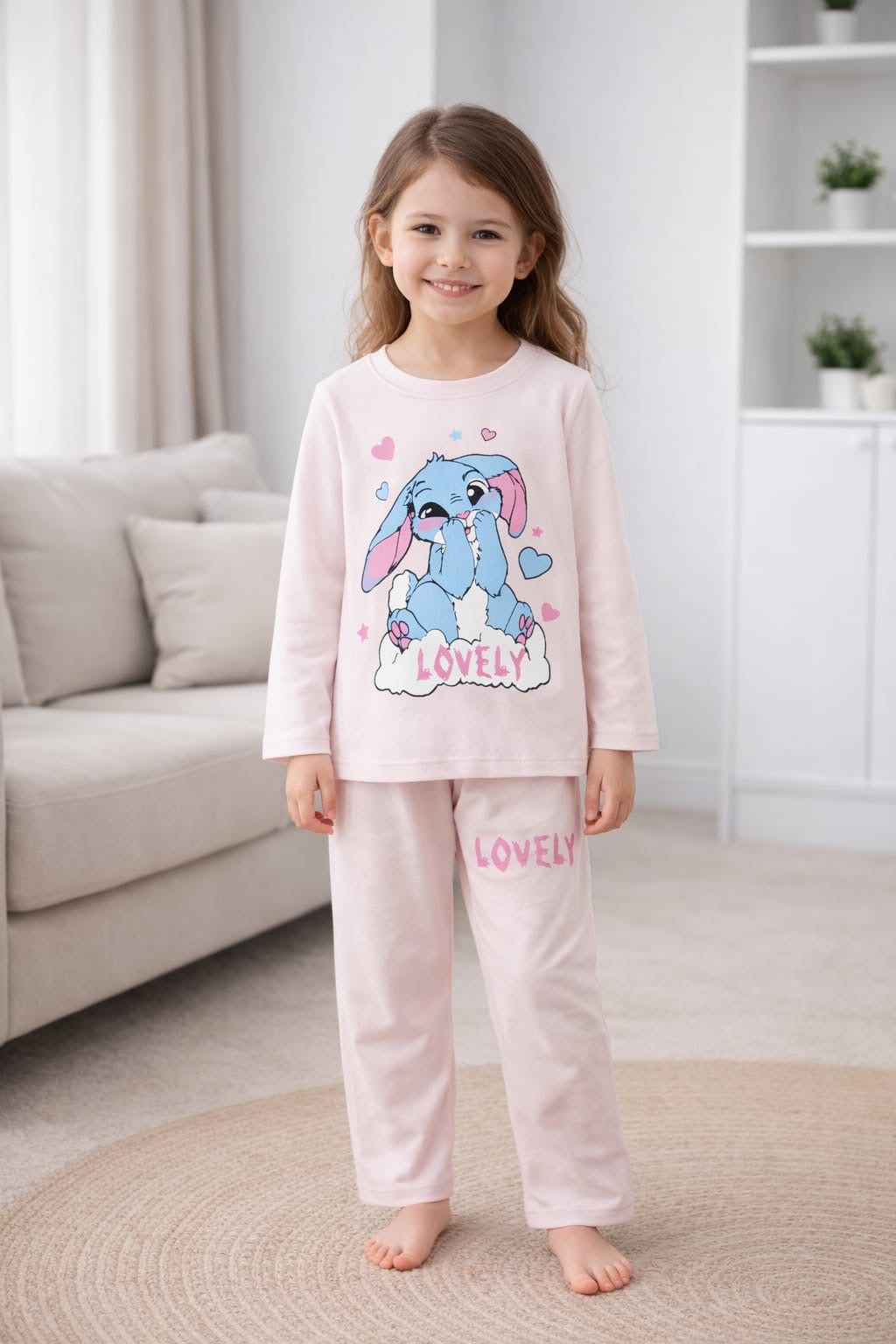 1 Cute Bunny Cartoon Girls Full-Sleeve T-Shirt with Pants Set