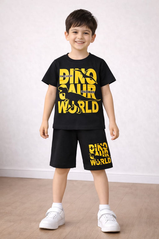 Kids Dino World Printed T-Shirt & Shorts Set – Black (1–10 Years)