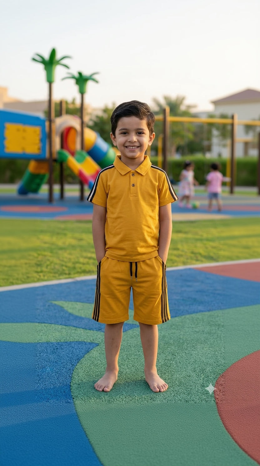1. Boys Mustard Yellow Polo Shirt & Shorts Summer Set – Soft Cotton Outfit (1-8 Years)