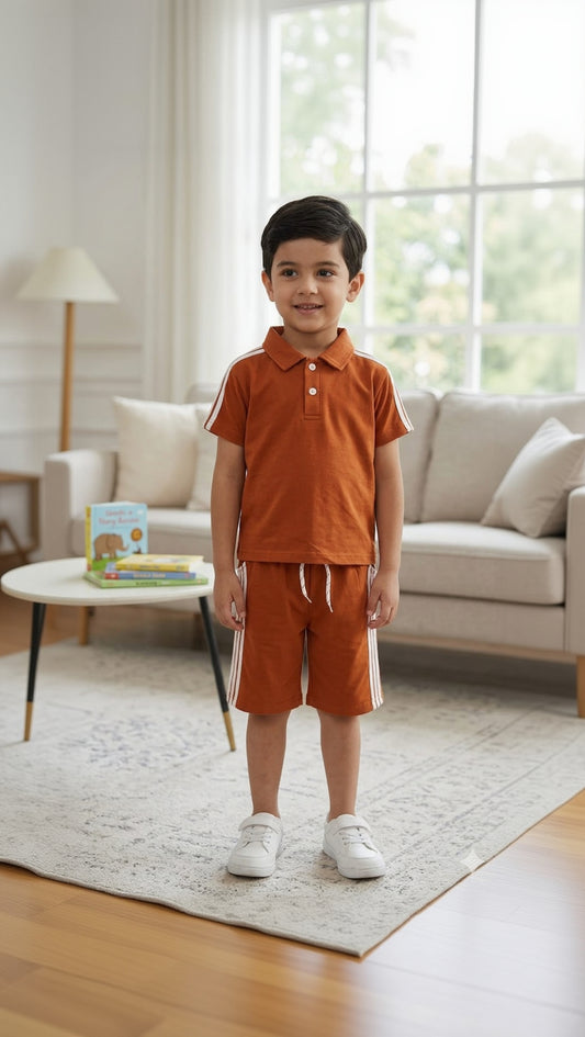 1. Boys Rust Brown Polo T-Shirt & Shorts Set – Summer Casual Outfit (1-8 Years)