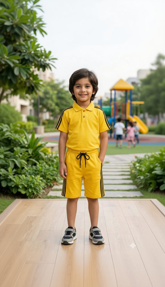 1. Boys Bright Yellow Polo T-Shirt & Shorts Set – Sporty Summer Outfit (1-8 Years)