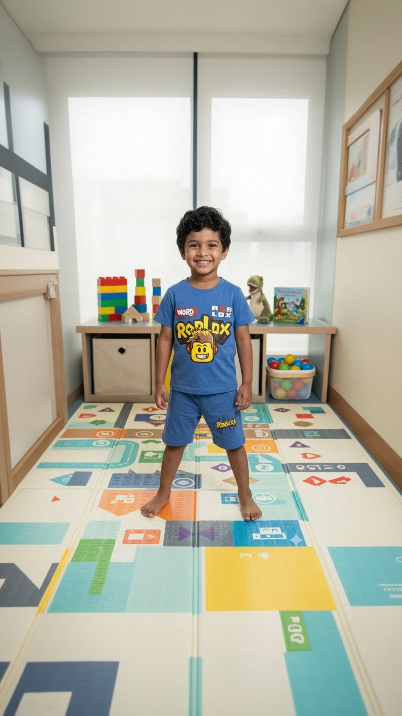 01. Boys Roblox Cartoon Summer Co-Ord Set – Blue T-Shirt & Shorts Outfit for Kids (1-10 Years)