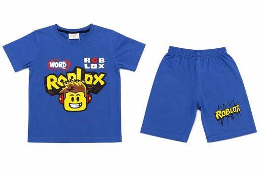 01. Boys Roblox Cartoon Summer Co-Ord Set – Blue T-Shirt & Shorts Outfit for Kids (1-10 Years)
