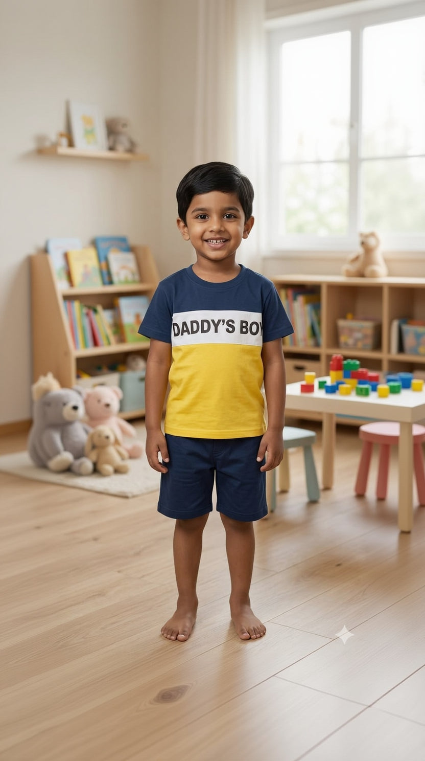 01. Boys “Daddy’s Boy” Summer Co-Ord Set – Navy & Yellow T-Shirt with Shorts for Kids (1-10 Years)