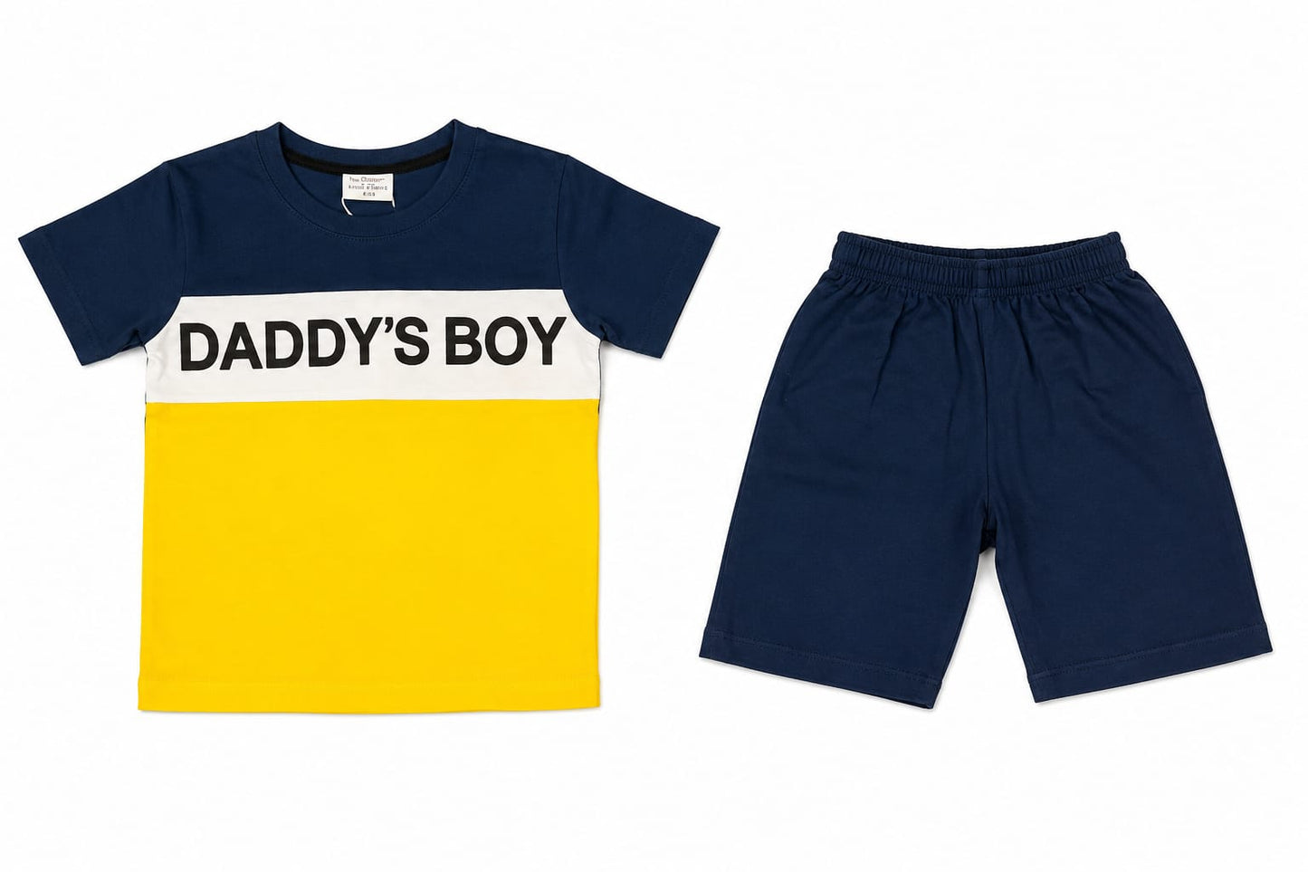 01. Boys “Daddy’s Boy” Summer Co-Ord Set – Navy & Yellow T-Shirt with Shorts for Kids (1-10 Years)