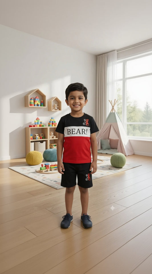 01. Boys “BEAR!” Summer Co-Ord Set – Black & Red T-Shirt with Matching Shorts for Kids (1-10 Years)