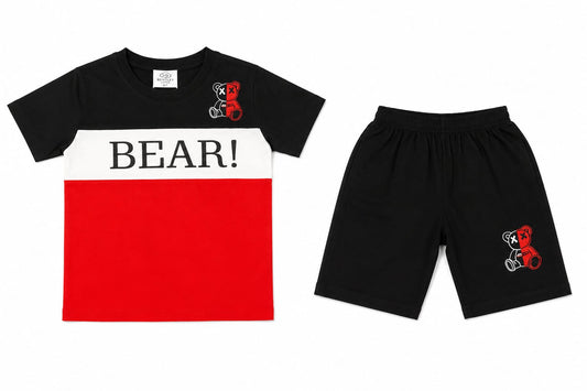01. Boys “BEAR!” Summer Co-Ord Set – Black & Red T-Shirt with Matching Shorts for Kids (1-10 Years)