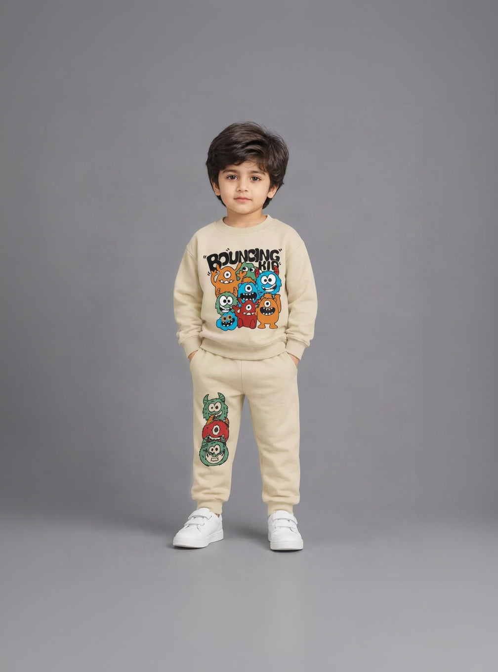 3.Kids' "Bouncing Kid" Monster Graphic Sweatshirt & Trousers Set (Ages 1–12 Years)