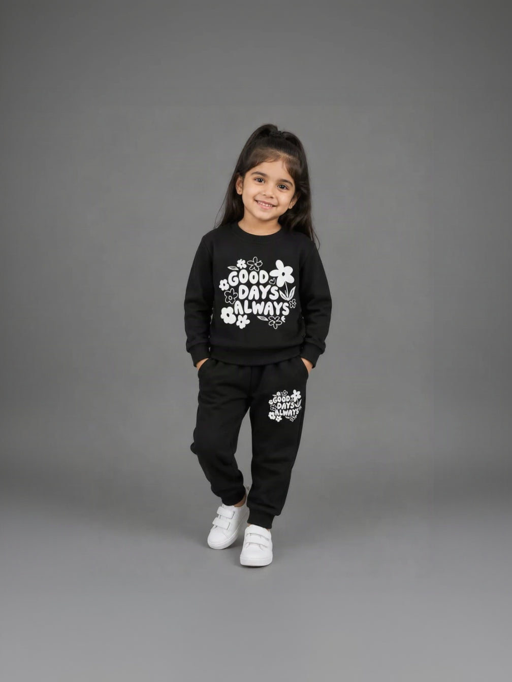 24.Girls "GOOD DAYS ALWAYS" Floral Fleece Tracksuit Set – Jet Black (Ages 1–12 Years)