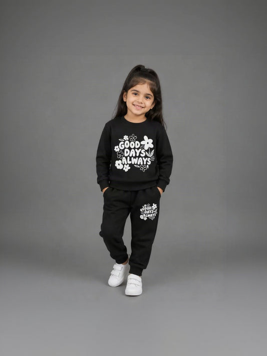 24.Girls "GOOD DAYS ALWAYS" Floral Fleece Tracksuit Set – Jet Black (Ages 1–12 Years)