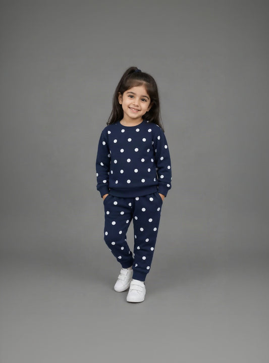 21.Girls Polka Dot Print Fleece Tracksuit Set – Navy Blue (Ages 1–12 Years)