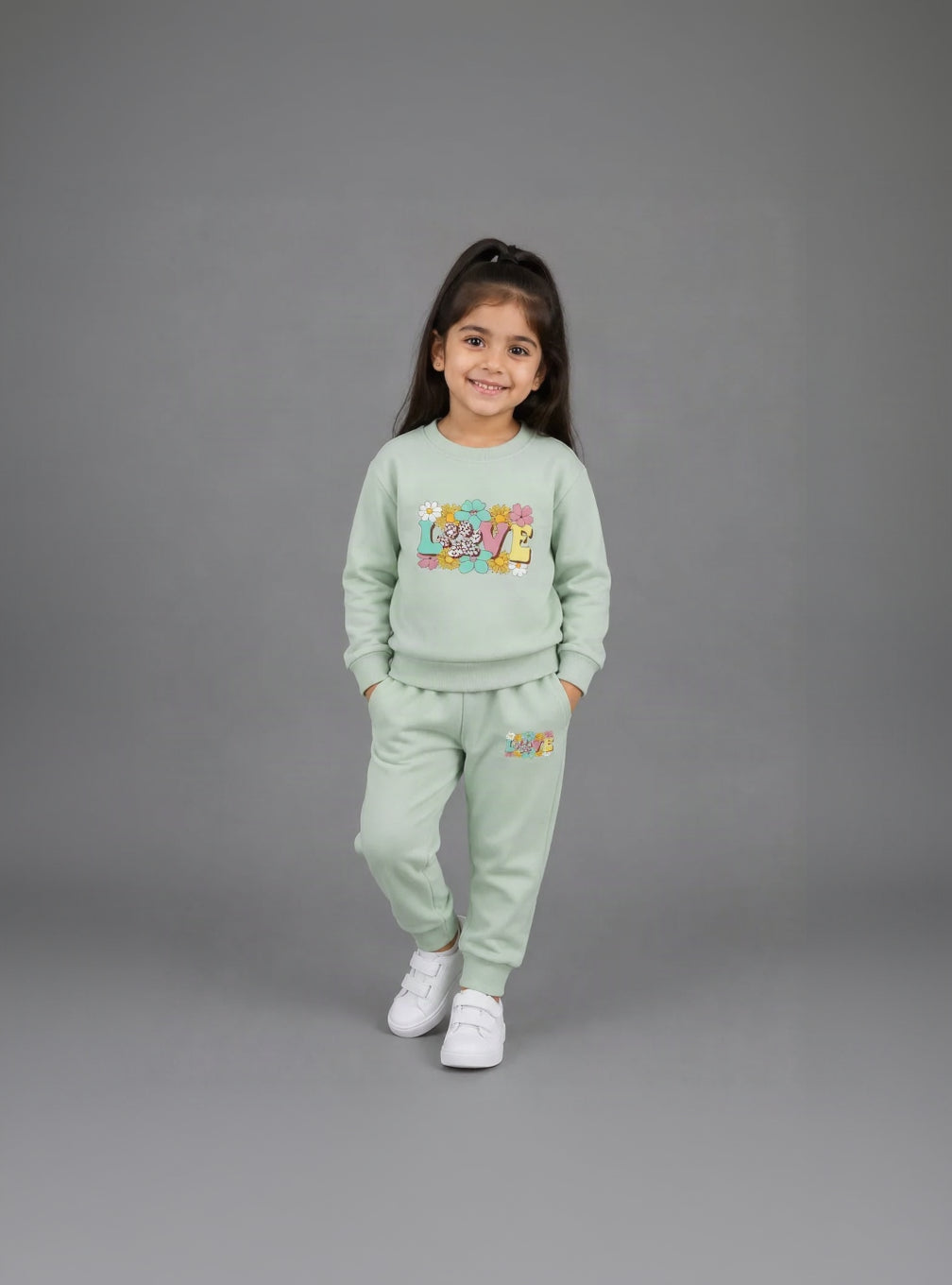 20.Girls "LOVE" Graphic Floral Fleece Tracksuit Set – Sage Mint Green (Ages 1–12 Years)