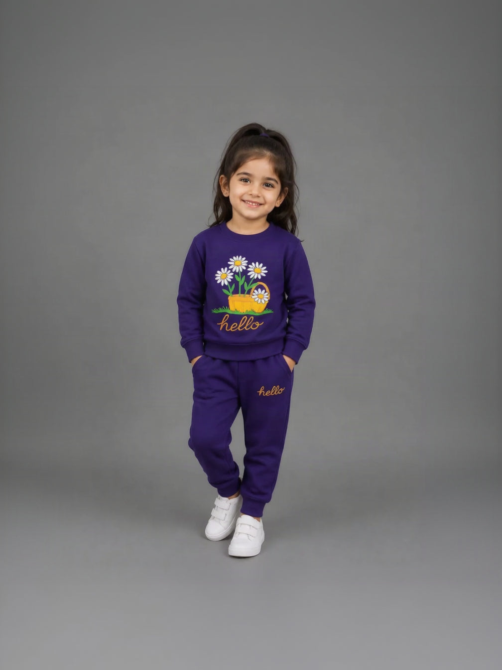 27.Girls "Hello" Daisy Basket Fleece Tracksuit Set – Deep Purple (Ages 1–12 Years)