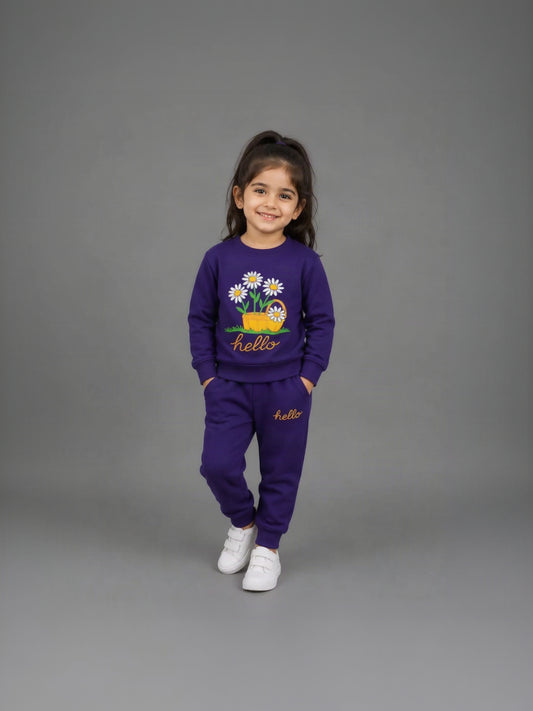 27.Girls "Hello" Daisy Basket Fleece Tracksuit Set – Deep Purple (Ages 1–12 Years)