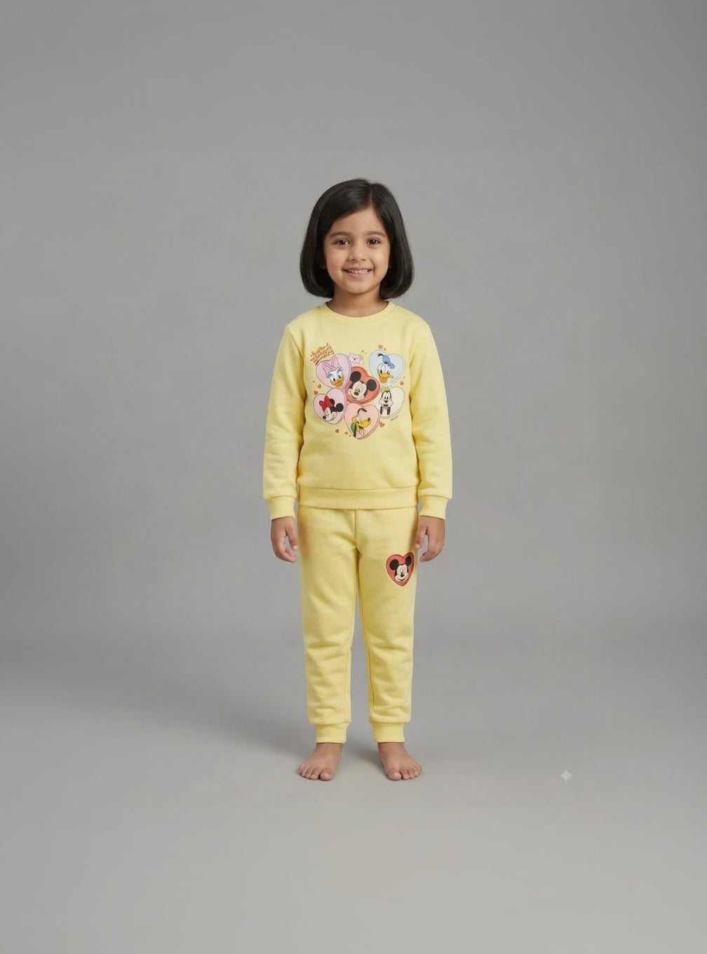 22.Girls Character Heart Graphic Fleece Tracksuit Set – Pastel Yellow (Ages 1–12 Years)