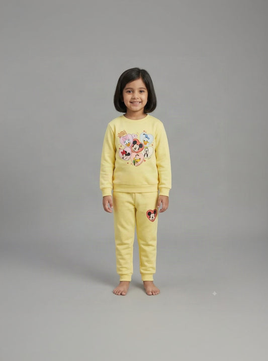 22.Girls Character Heart Graphic Fleece Tracksuit Set – Pastel Yellow (Ages 1–12 Years)
