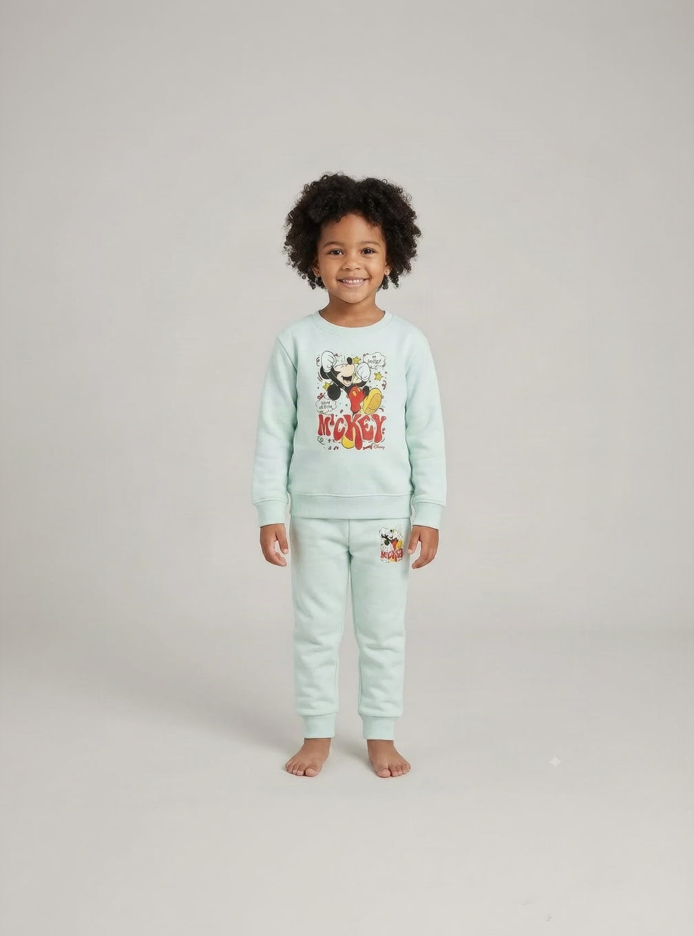 31.Kids "MICKEY" Character Graphic Fleece Tracksuit Set – Light Mint Green (Ages 1–12 Years)