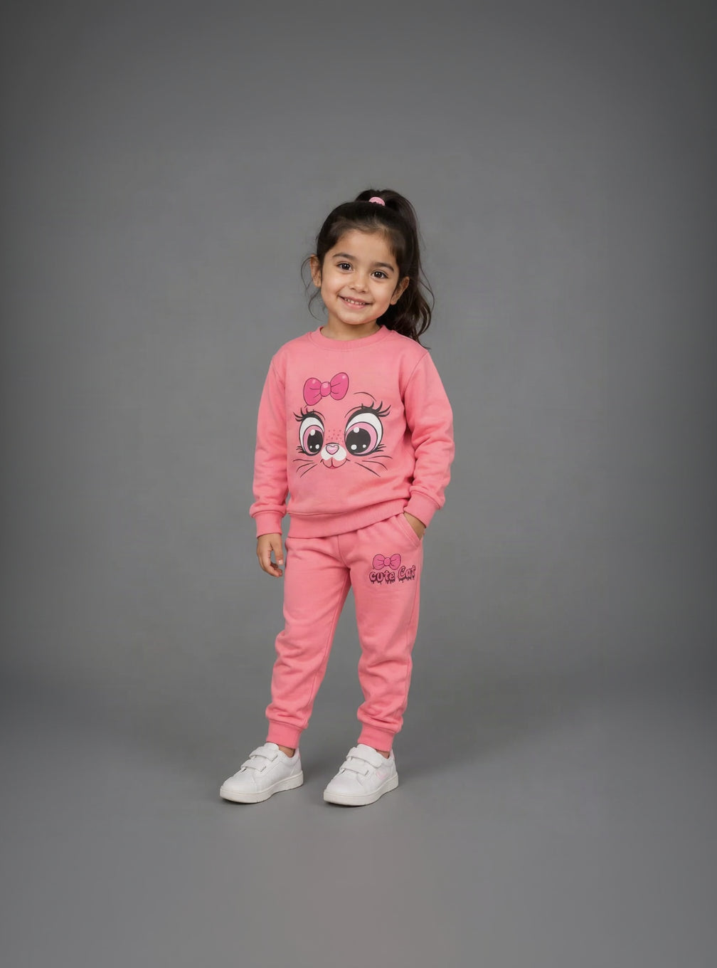 29.Girls "Cute Cat" Graphic Fleece Tracksuit Set – Peach Pink (Ages 1–12 Years)
