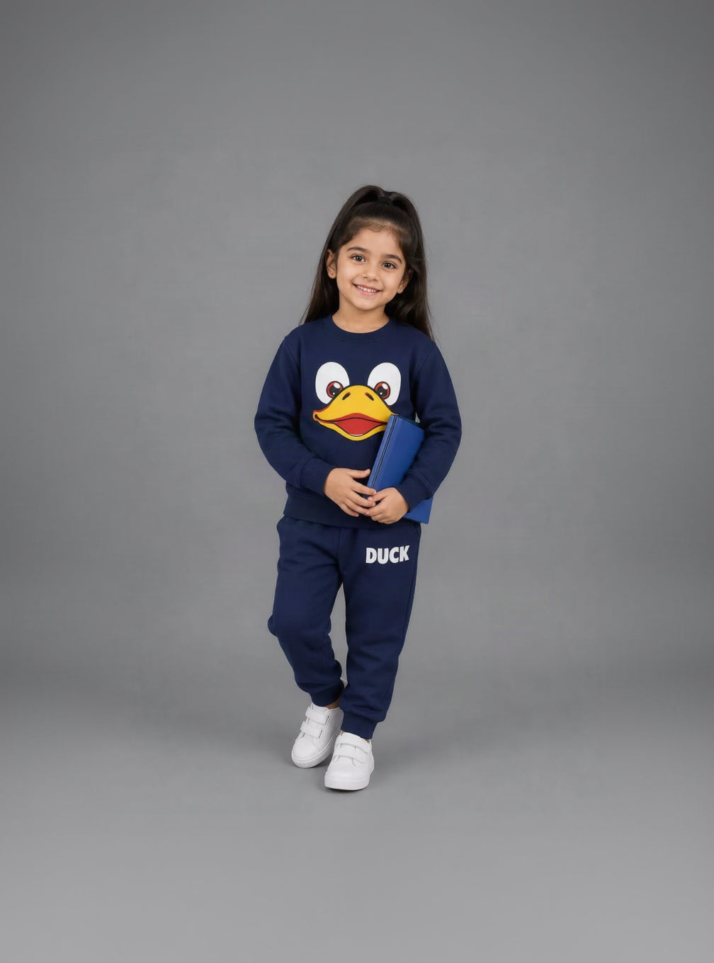 28.Kids "DUCK" Face Graphic Fleece Tracksuit Set – Navy Blue (Ages 1–12 Years)