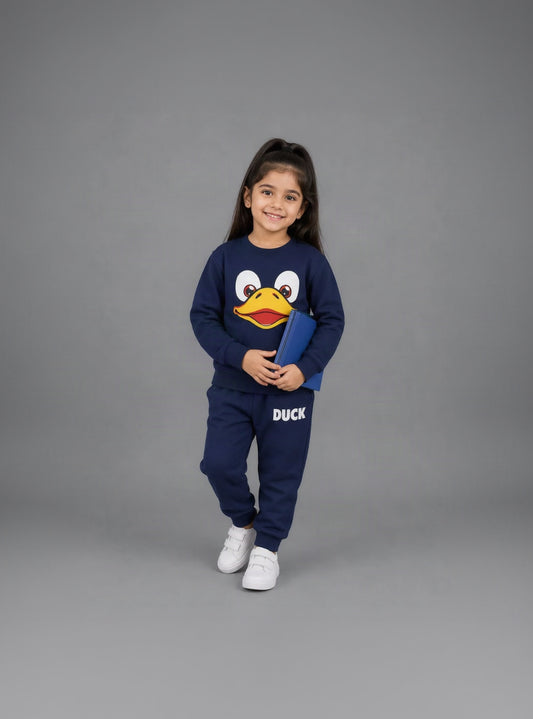 28.Kids "DUCK" Face Graphic Fleece Tracksuit Set – Navy Blue (Ages 1–12 Years)